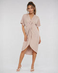 Beige Overslag Midi Jurk met Vlindermouwen en Gedrapeerd Detail