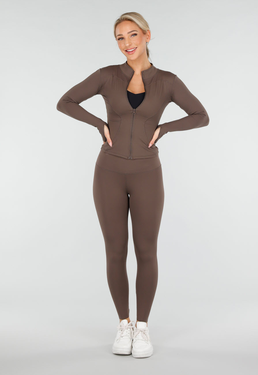 Bruine 2-Piece met Strakke Legging en Rits Vestje