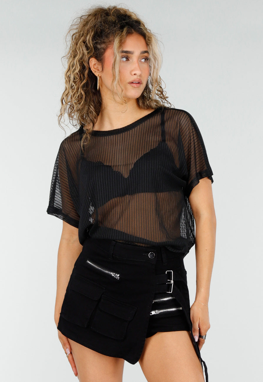 Zwarte Mesh Top met Korte Mouwen en Stretch
