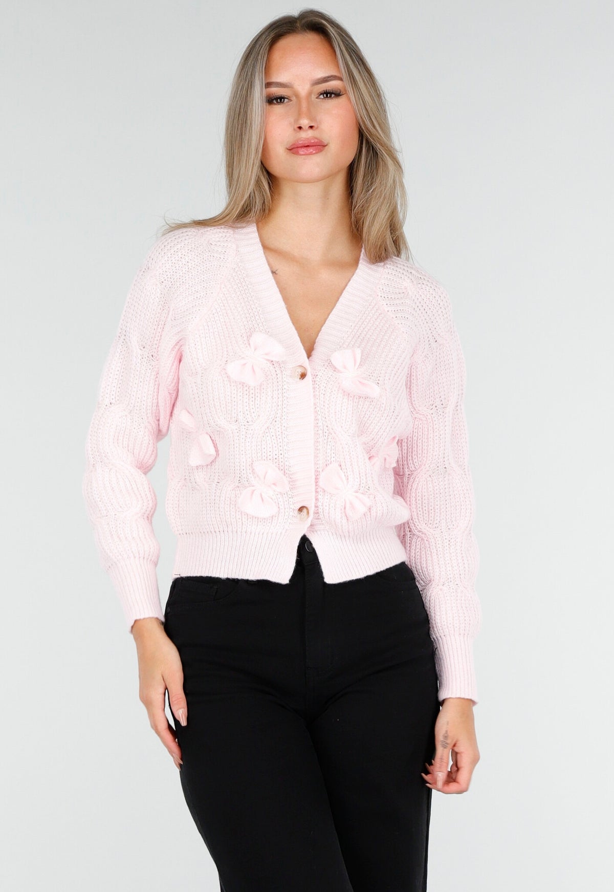 Roze Gebreid Vest met Strikdetails en Knopen