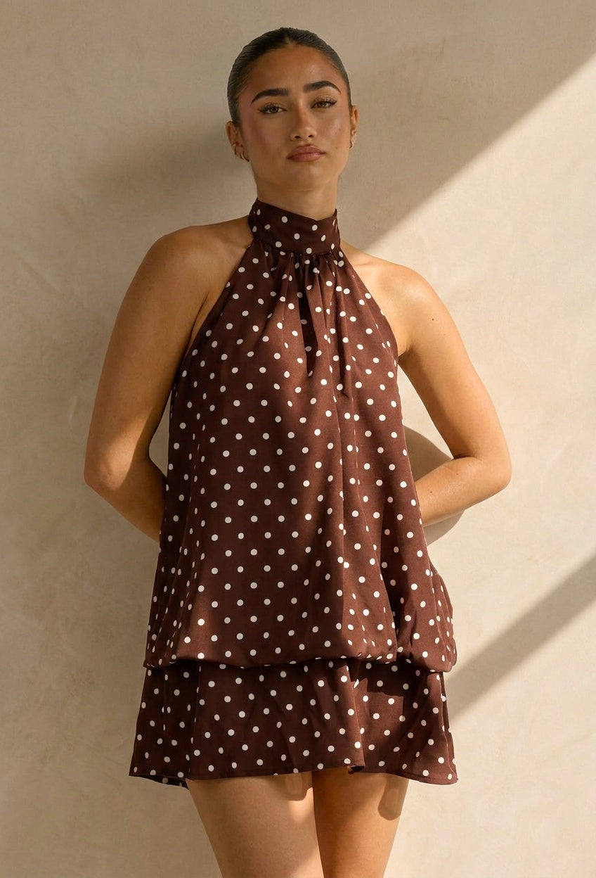 Bruine Halter Jurk met Witte Stippen en Open Rug