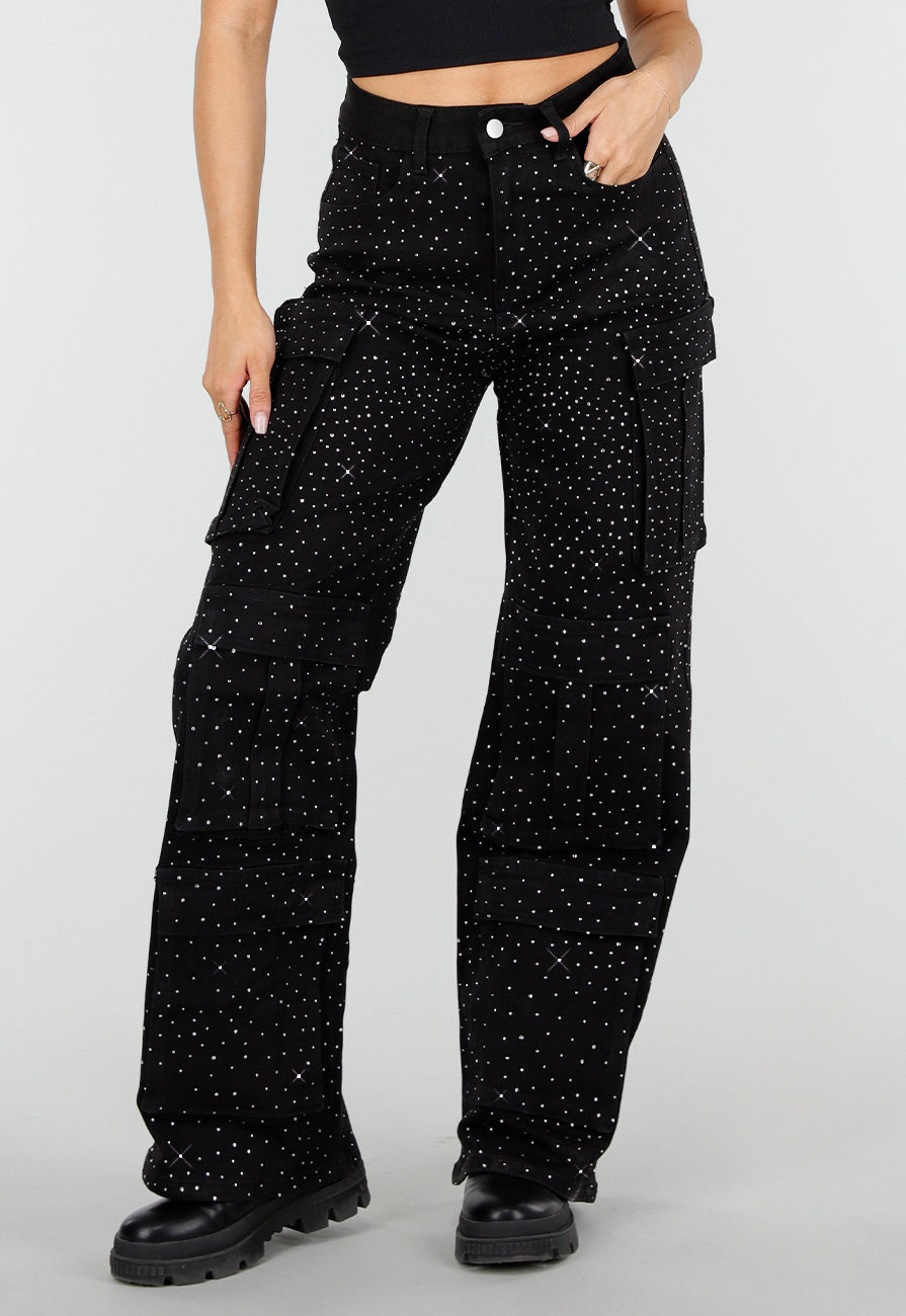 Zwarte Cargo Broek met Strass Details en Rechte Pijpen