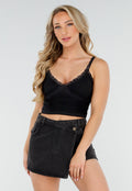 Zwarte Mesh Crop Top met Kant, V-Hals en Pads