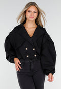 Korte Trench Coat in Zwart met Pofmouwen en Knopen