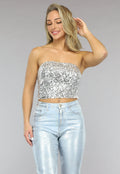 Zilveren Strapless Crop Top met Pailletten
