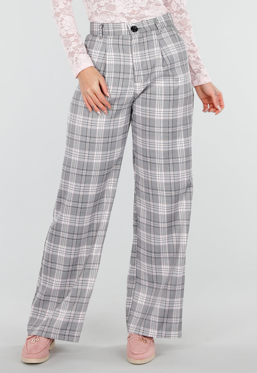 Grijs Roze Geruite Pantalon Straight Leg