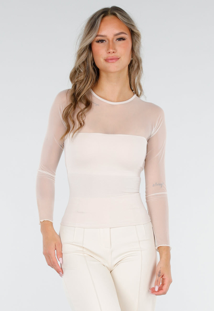 Beige Mesh Top met Lange Mouwen en Pads