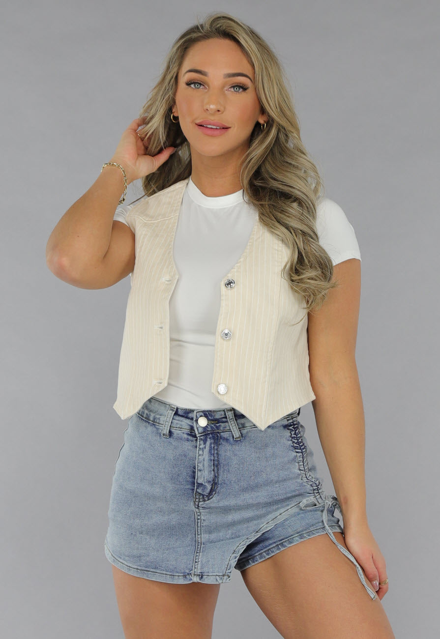 Redial Jeans Beige Pin Stripe Print Gilet Top met Knopen
