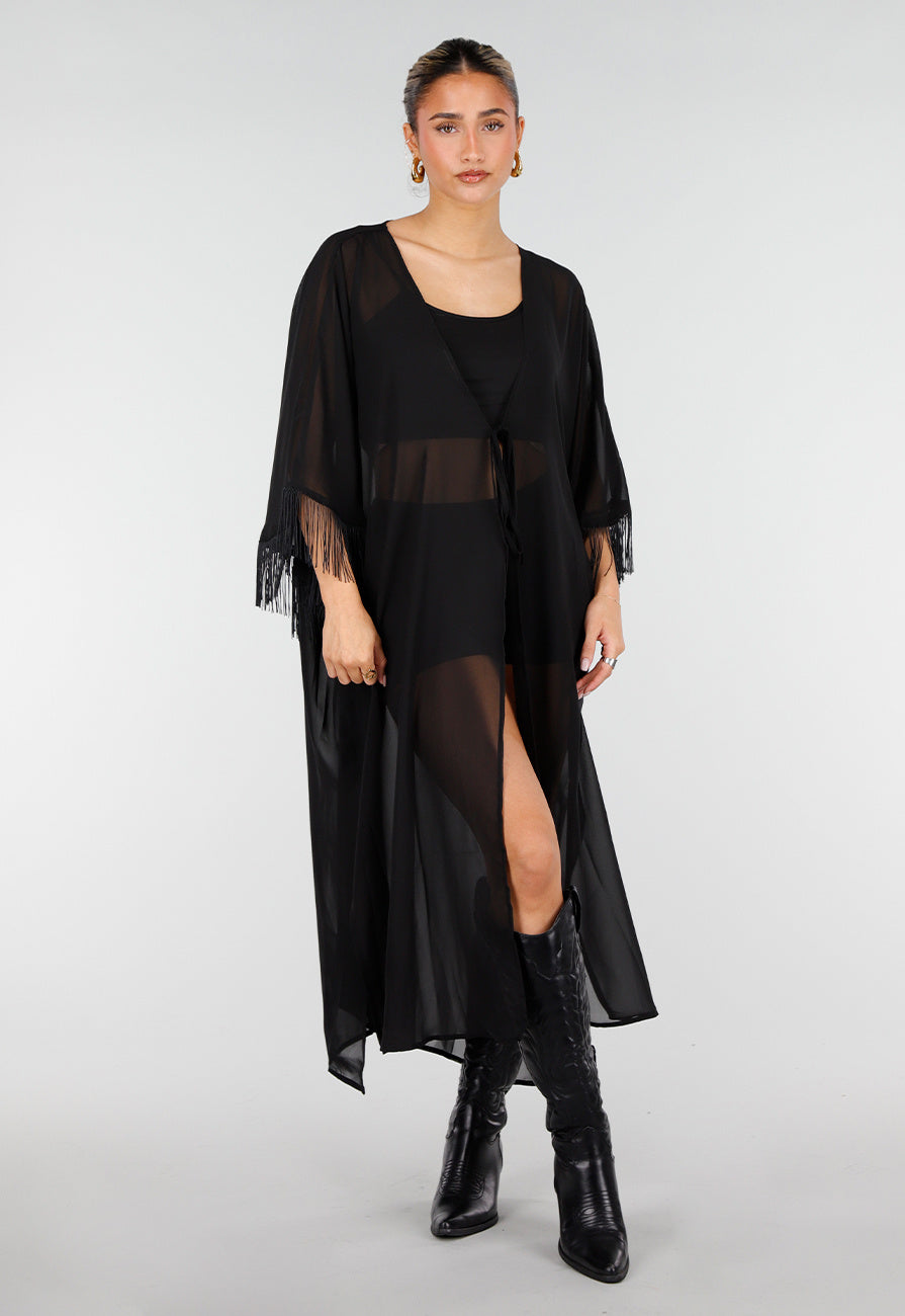 Zwarte Kimono met Halflange Mouwen en Franjes