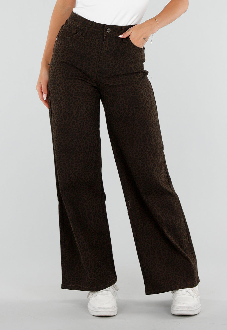 NEW290726 Bruine Wide Leg Jeans met Luipaardprint en Stretch