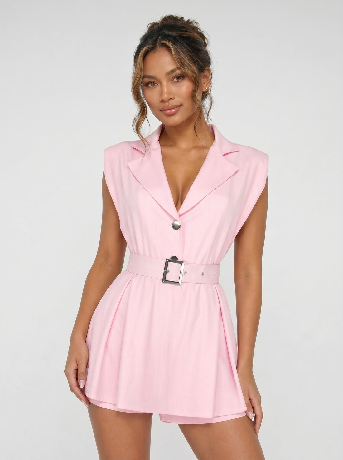 Roze Mouwloze Blazer Playsuit met Ceintuur