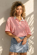 Roze Gestreepte Polo T-shirt met Kraag en Korte Mouwen