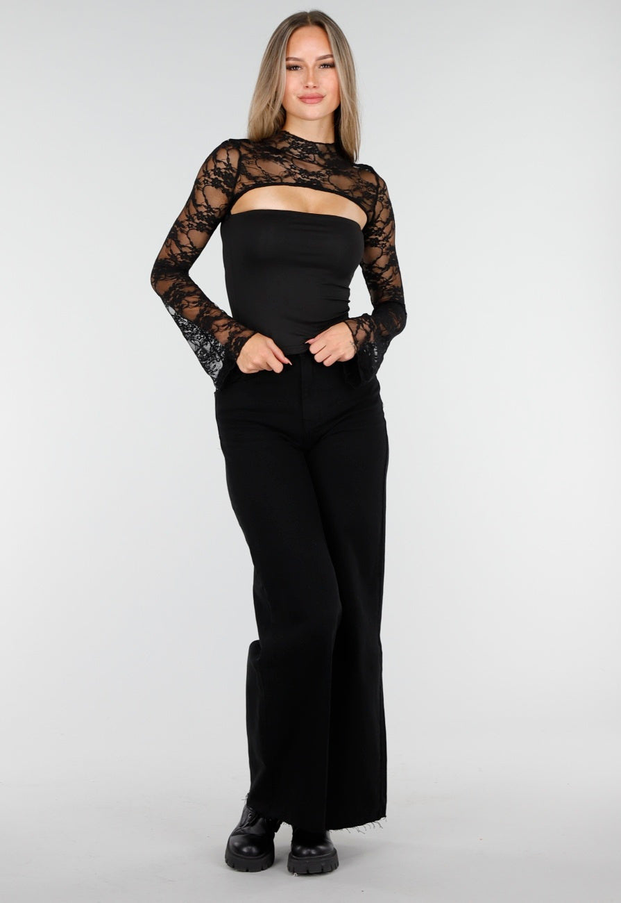 Zwarte Top met Kant, Stretch en Cut-Out Detail