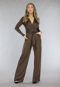 Bruine Jumpsuit met Wijde Pijpen en Tailleband