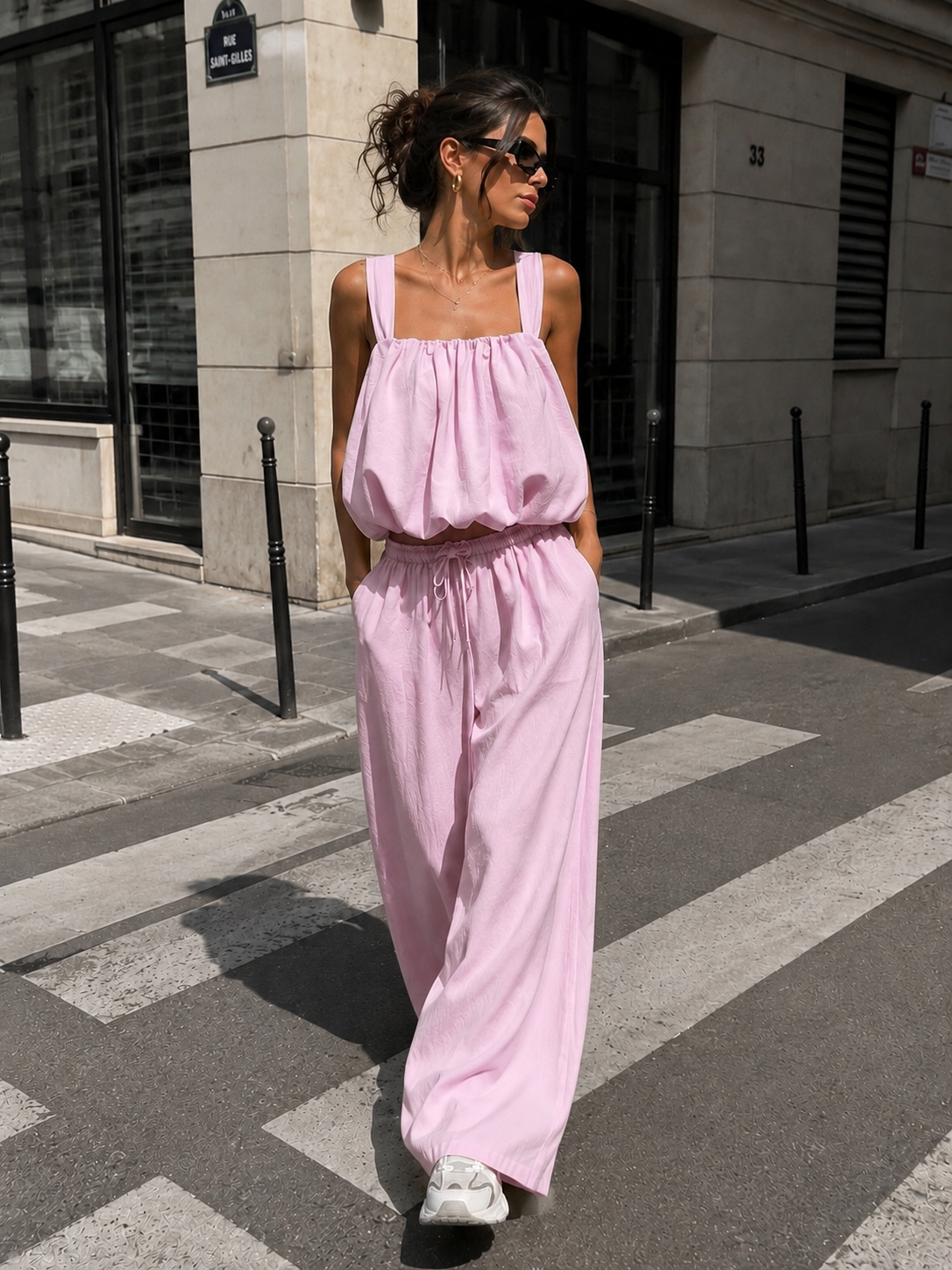 NEW150726 Lichtroze Stretch Two Piece Set met Mouwloze Top en Wide Leg Broek