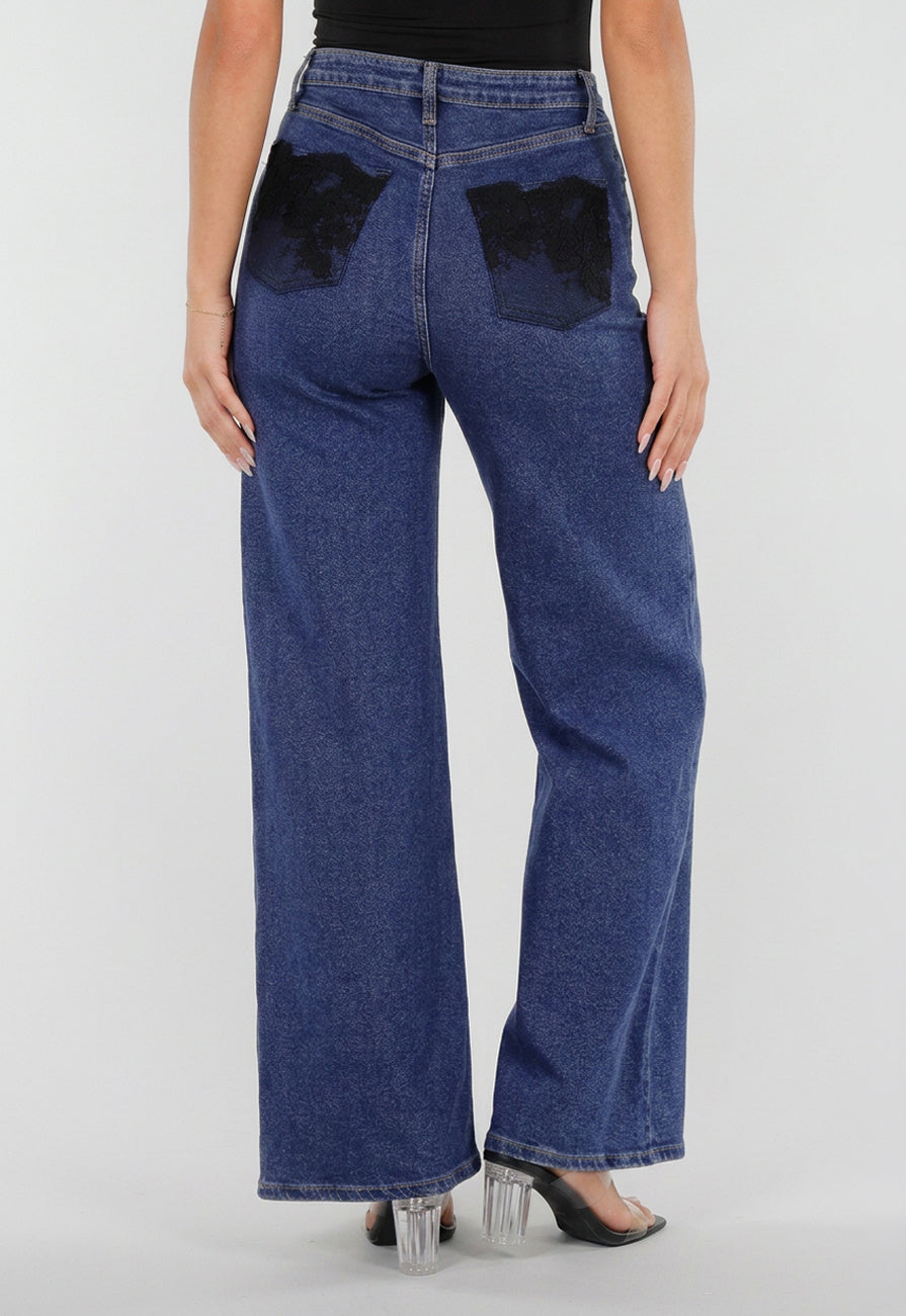 NEW020926 Blauwe Denim Wide Leg Jeans met Zwarte Kanten Achterzakken