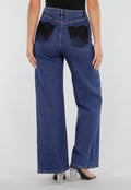 NEW020926 Blauwe Denim Wide Leg Jeans met Zwarte Kanten Achterzakken