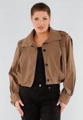 Bruine Cropped Trenchcoat met Knoopsluiting en Brede Kraag