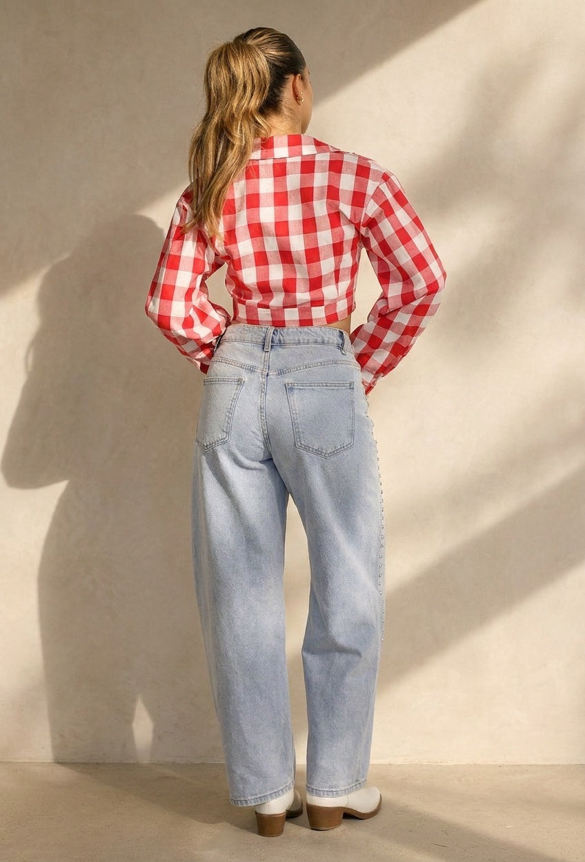 Rood Wit Geruite Cropped Blouse met Striksluiting