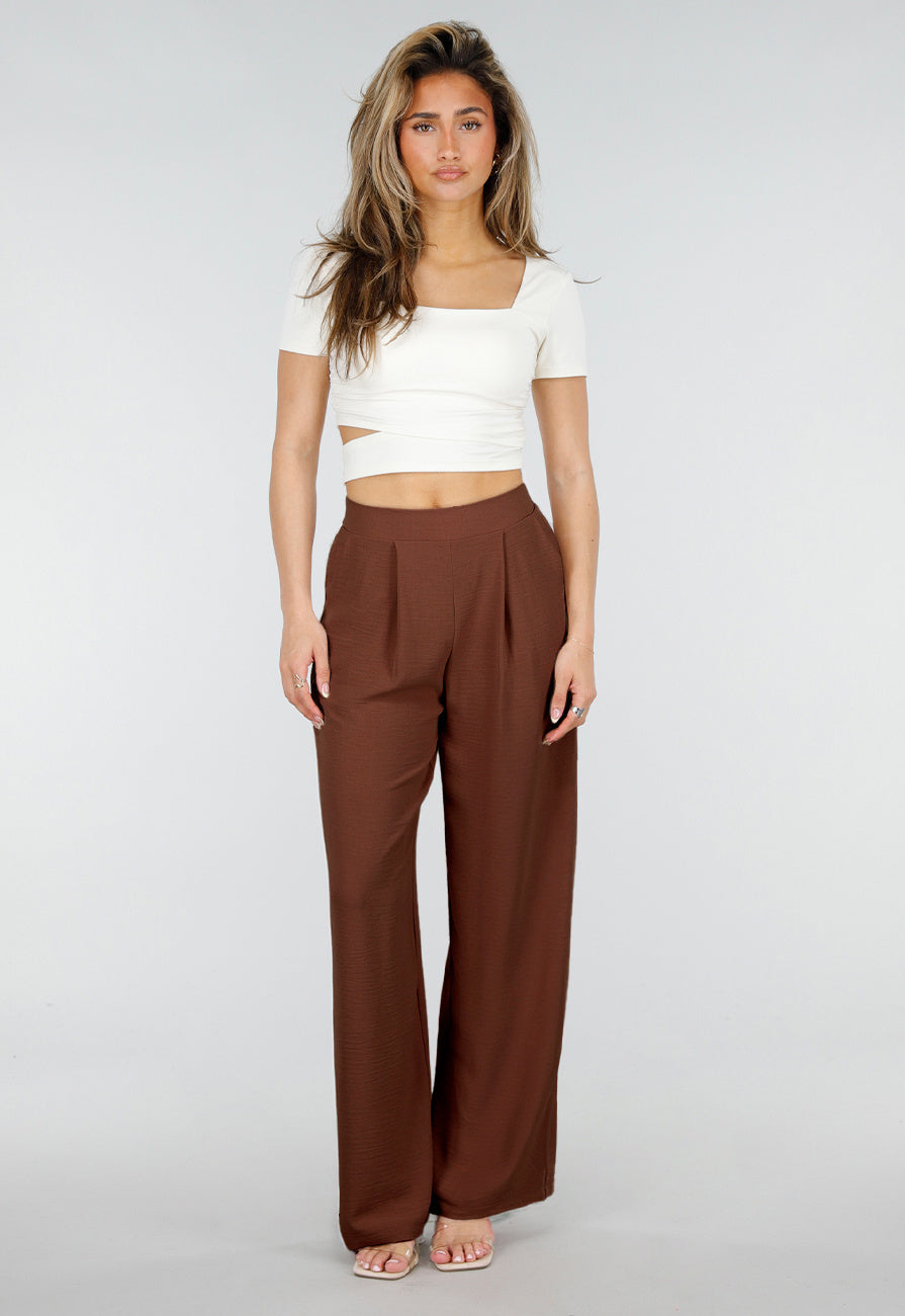 Petite High Waist Bruine Linnen Look Broek met Tailleband