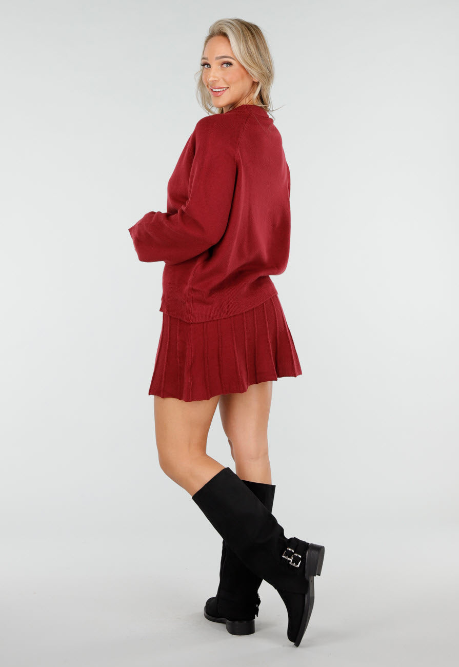 Bordeauxrode Gebreide 2-Piece Set met Trui en Rok