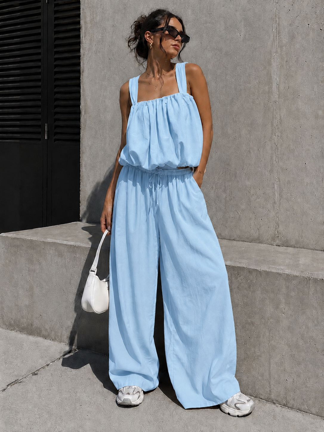NEW150726 Lichtblauwe Stretch Two Piece Set met Mouwloze Top en Wide Leg Broek