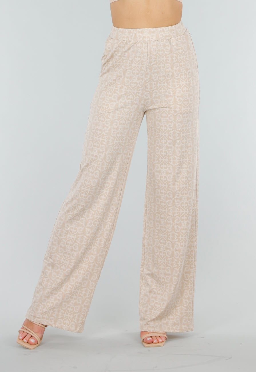 Beige Stretch Barokprint Broek met High Waist Fit