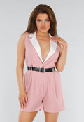 Roze Mouwloze Playsuit met Colorblock Revers en Riem