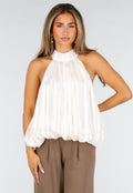 NEW190826 Champagne Plissé Halter Top met Hoge Hals en Open Rug