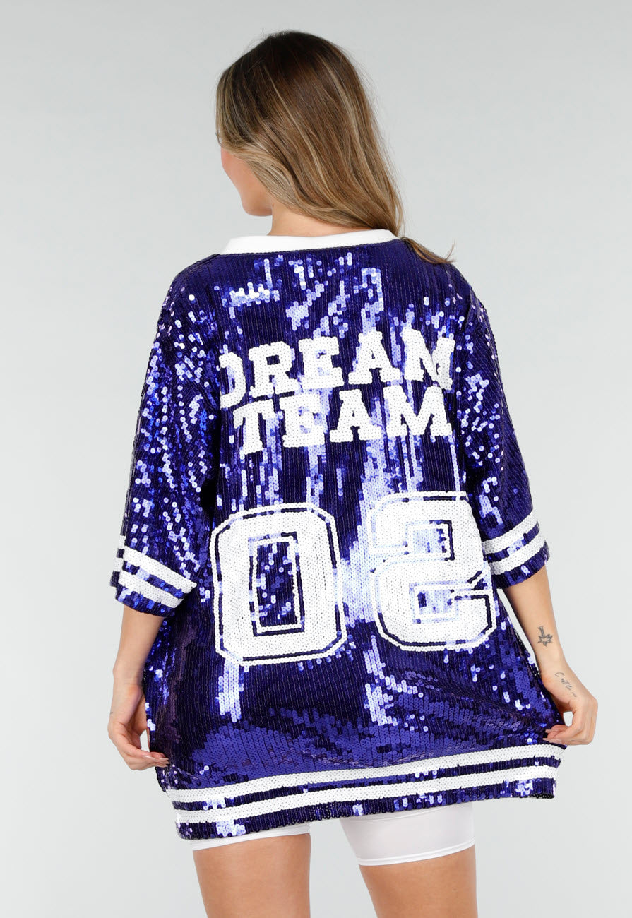 Blauwe Oversized Pailletten Jersey Top met V Hals