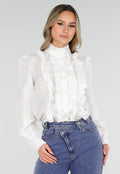 Witte Blouse met Ruches en Lange Mouwen
