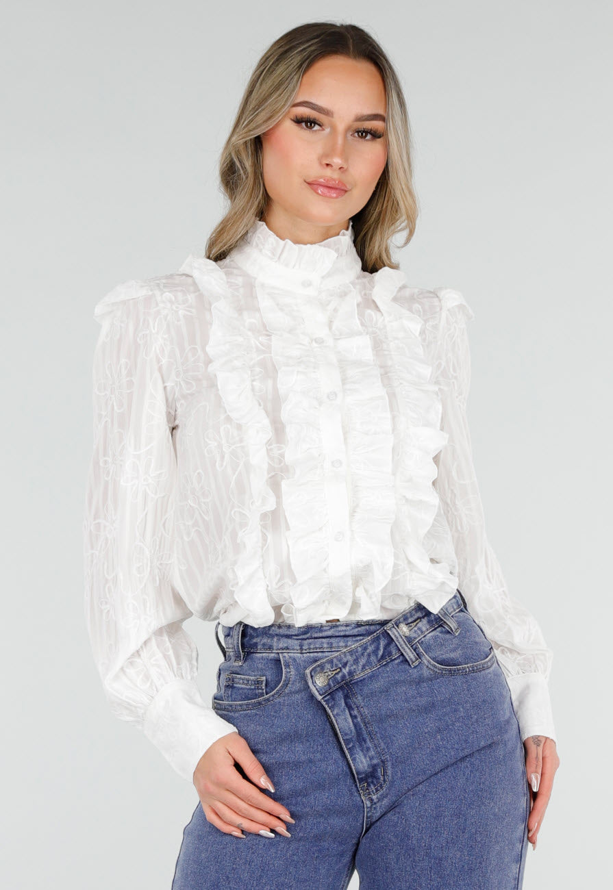 Witte Blouse met Ruches en Lange Mouwen