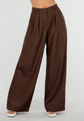 NEW190826 Bruine Wide Leg Pantalon met Hoge Taille en Plooien