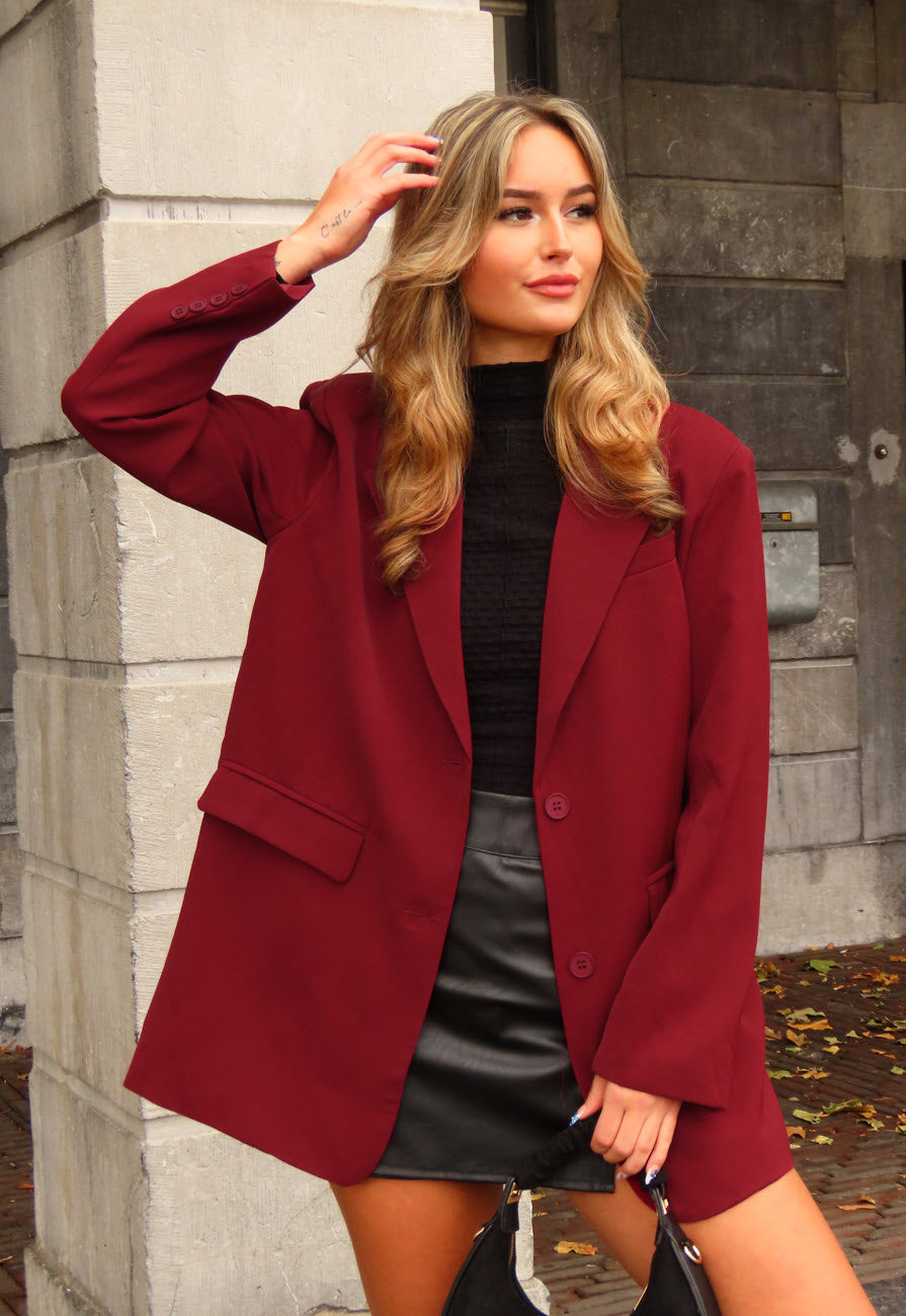 Bordeauxrode Oversized Blazer met Knoopsluiting en Reverskraag