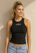 Zwarte Rib High Neck Top met Blauwe Tekst en Aansluitende Pasvorm