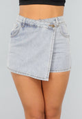 Lichtblauwe Denim Overslag Skort met Schuine Sluiting