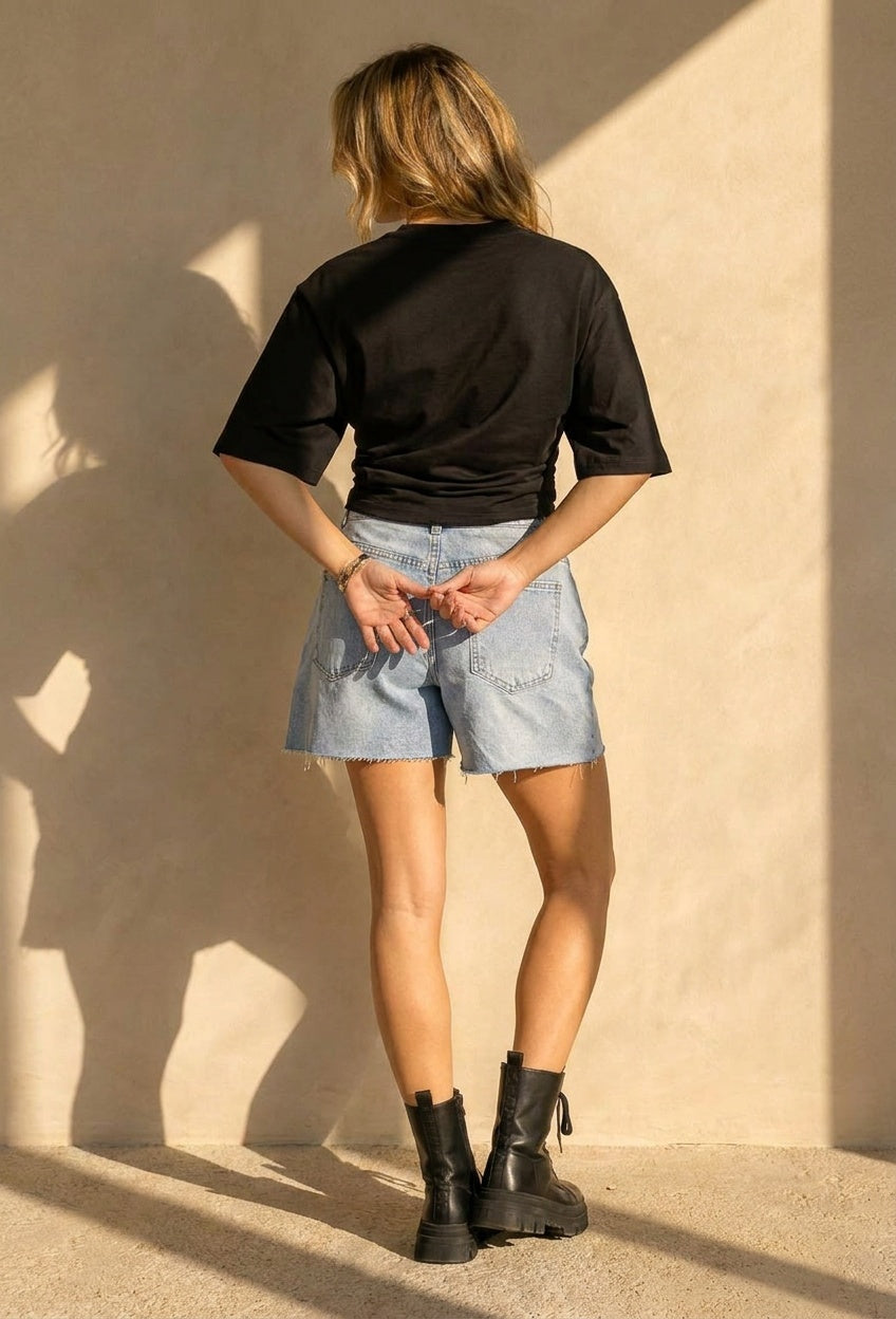 NEW150726 Zwarte Oversized Top met Halflange Mouwen en Ronde Hals