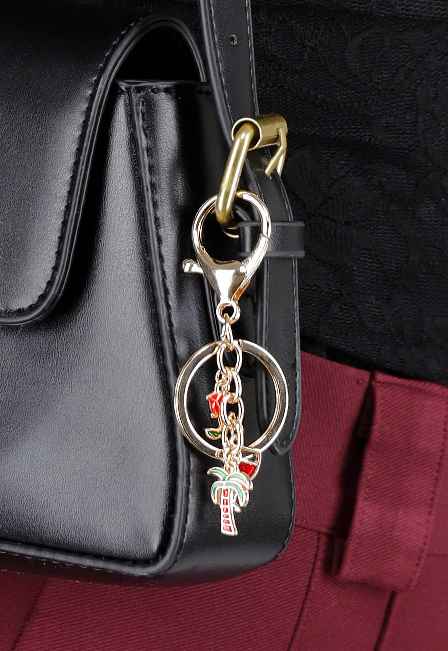 Goudkleurige Tashanger/Sleutelhanger met Palmboom, Cocktail en Roos