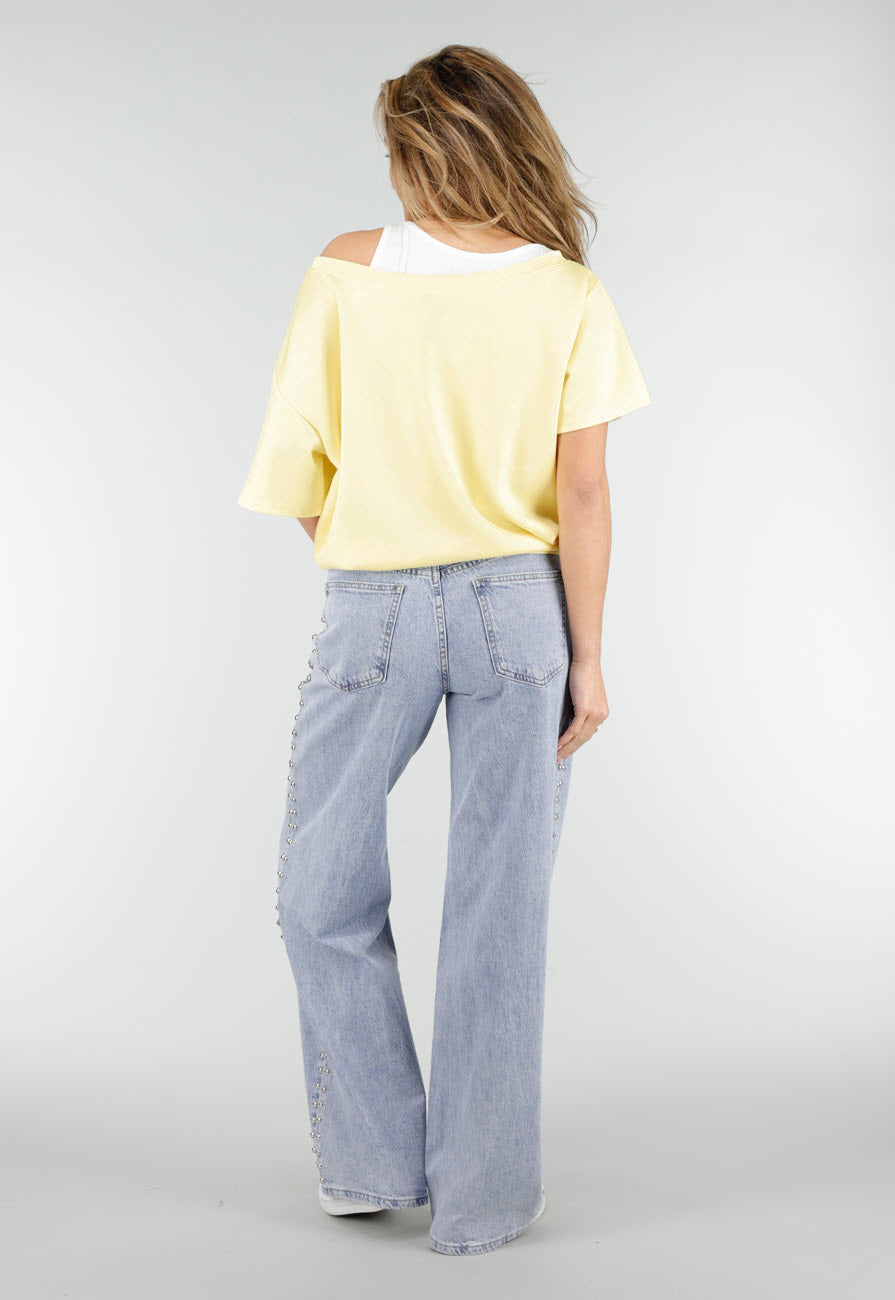 Butter Yellow One Shoulder Top met Ingewerkte Top en Stretch