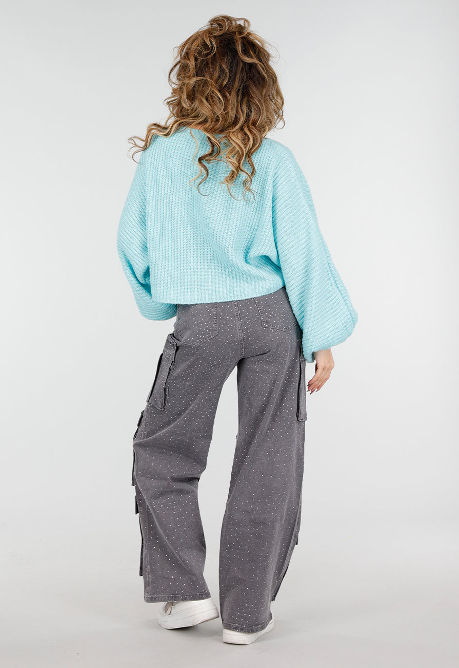 Turquoise Trui met Wijde Mouwen