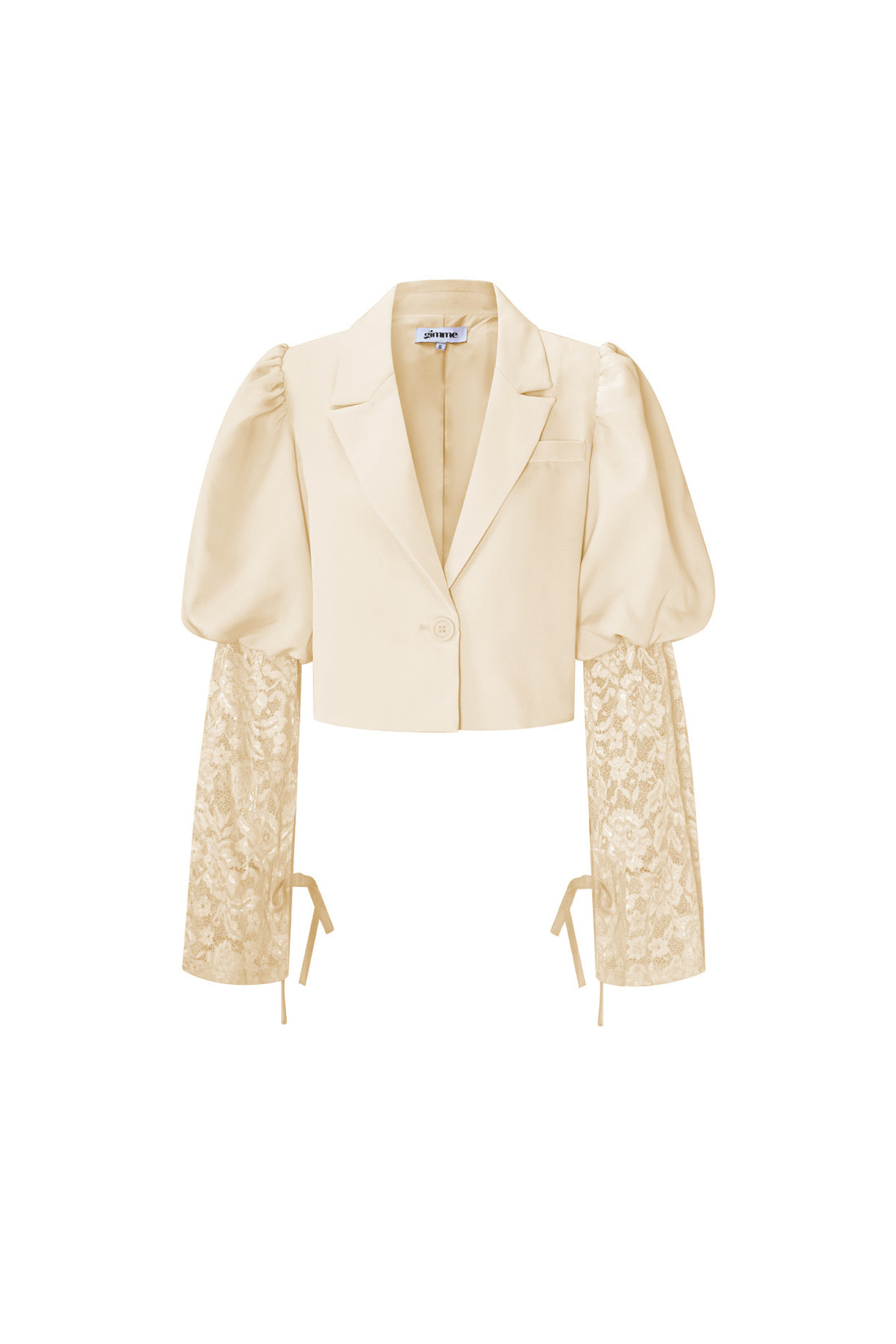 Beige Cropped Blazer met Kanten Mouwen en Pofschouders
