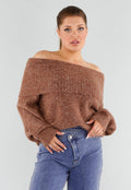 Bruine Gebreide Off Shoulder Trui van Wol met Brede Halsrand en Losvallende Pasvorm