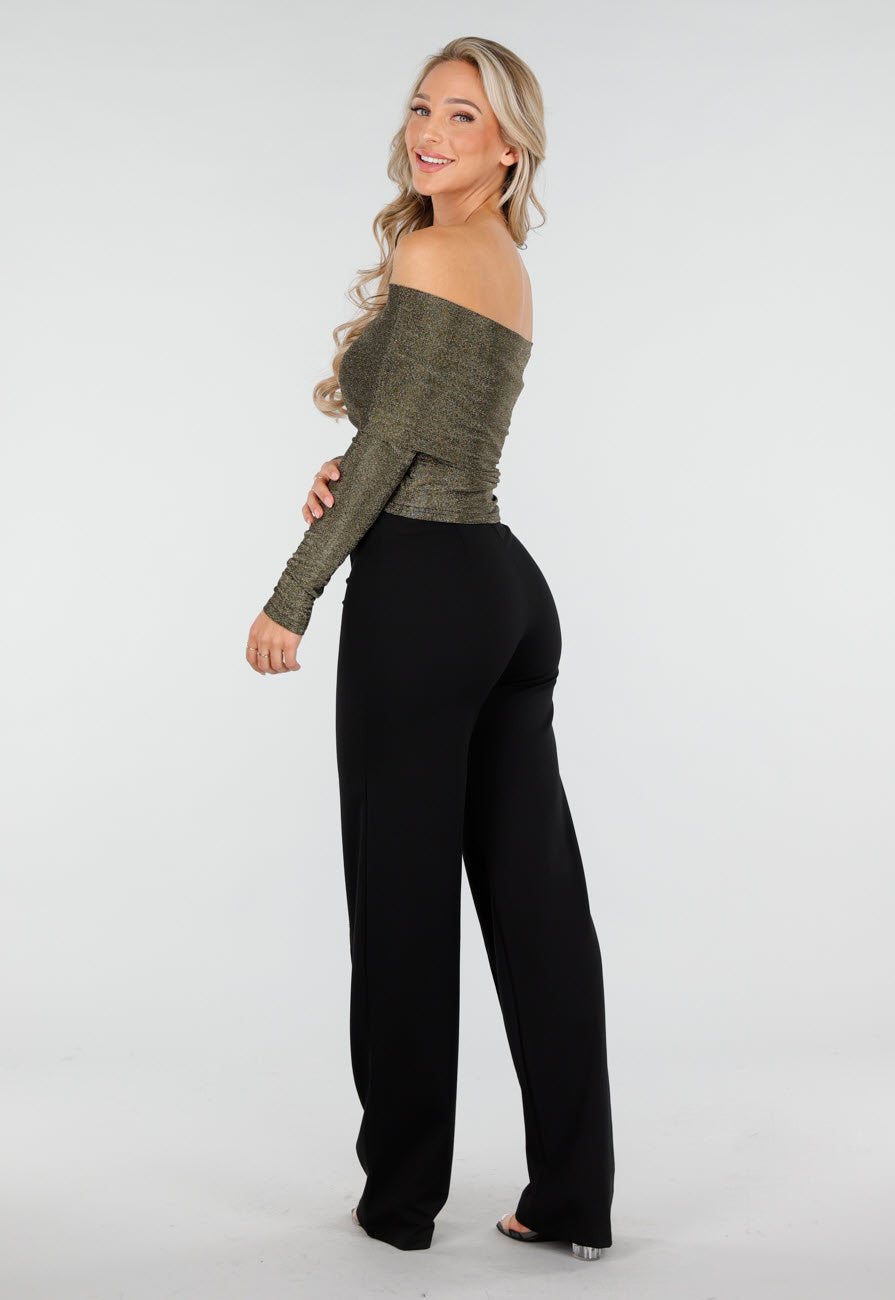 Off Shoulder Glitter Top met Lange Mouwen in Goud