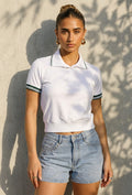 Witte Cropped Polo met Groene Contrasterende Strepen