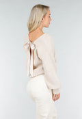 Beige Gebreide Trui met Open Rug en Satijnen Strikdetail