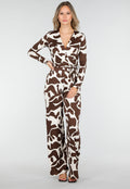 Bruin-Witte Stretch Jumpsuit met Overslag en Ceintuur