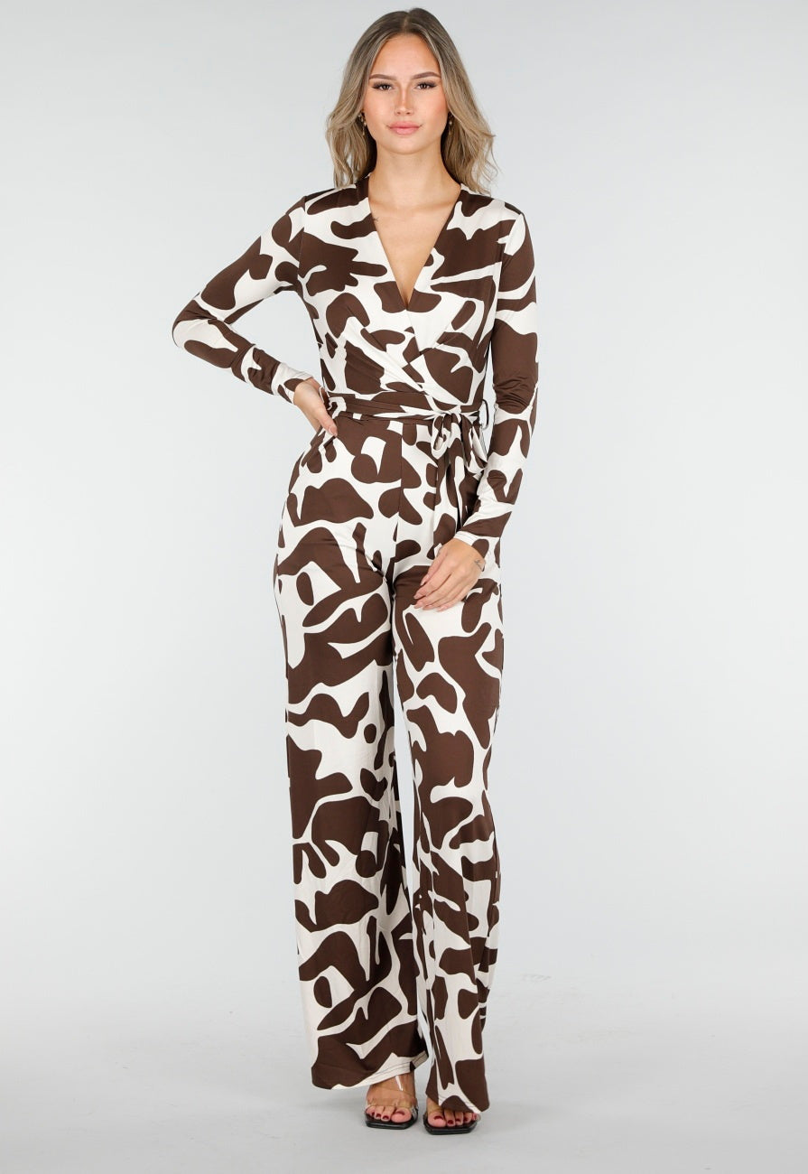 Bruin-Witte Stretch Jumpsuit met Overslag en Ceintuur