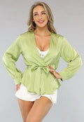 Groene Satijnen Overslag Blouse met Ceintuur
