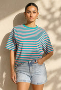 Roze Turquoise Gestreept T-shirt met Korte Mouwen en Ronde Hals