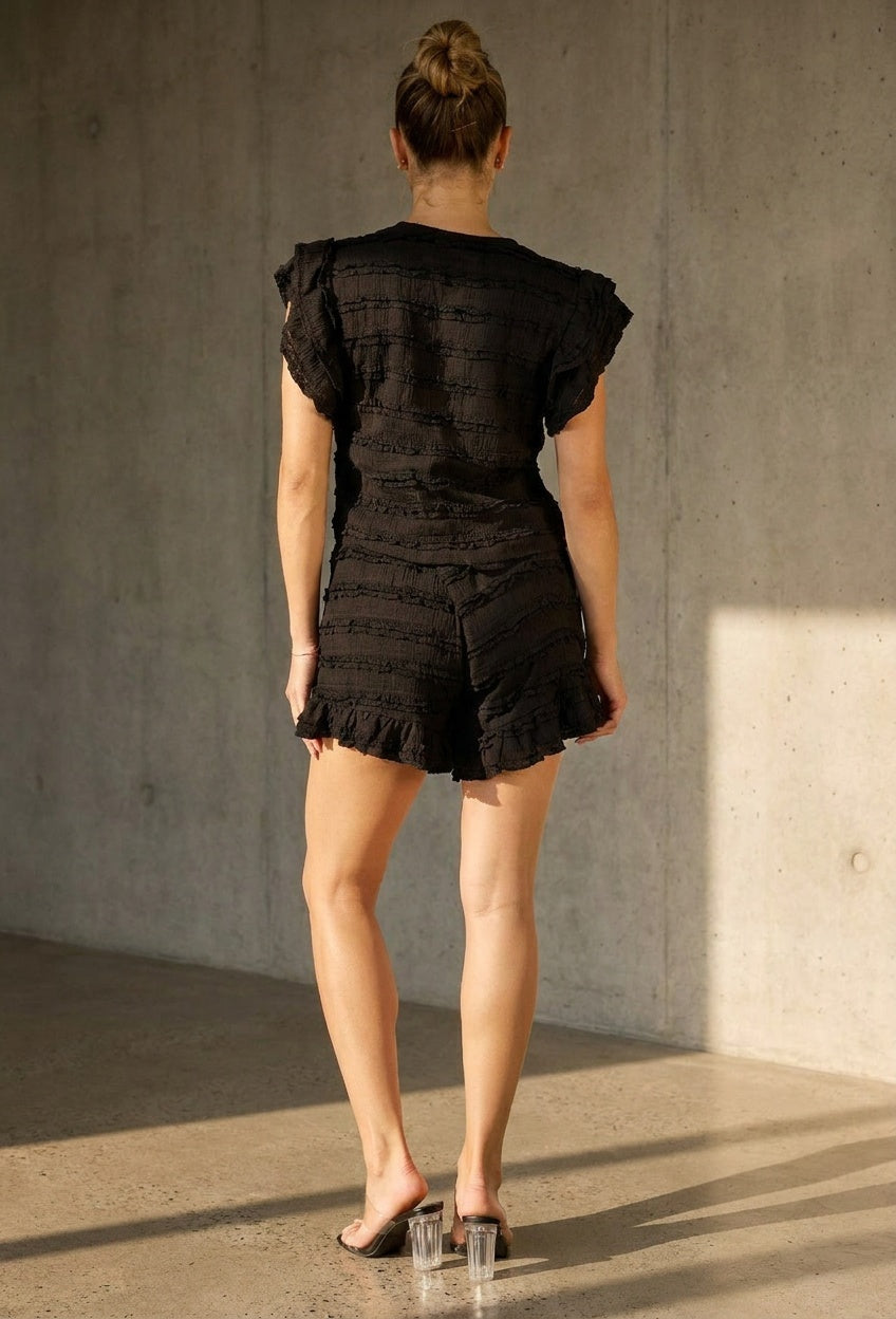 Zwarte Gehaakte Co-ord Set met Ruffle Mouwen